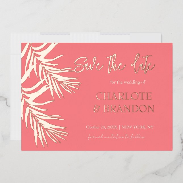 Coral Pink Palm Blätter Hochzeitssache speichern d Folieneinladung (Briefumschlag)