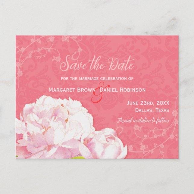 Coral Pink Peony Wedding Save the Date Ankündigungspostkarte (Vorderseite)