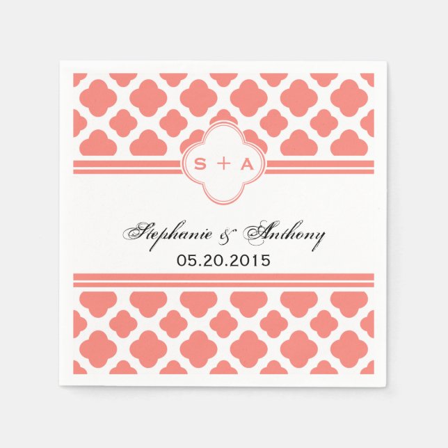 Coral Pink Quatrefoil Pattern Hochzeit Serviette (Vorderseite)