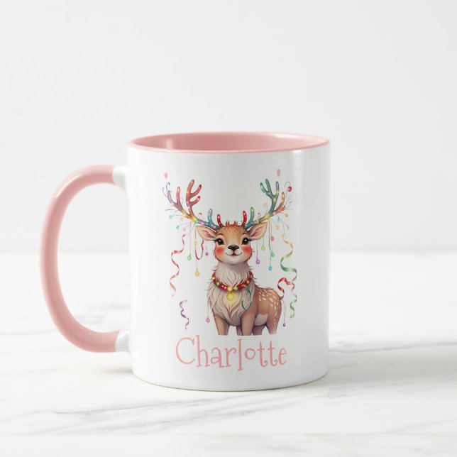 Coral Pink Rentier und Weihnachtsfestliche Lichter Tasse (Links)