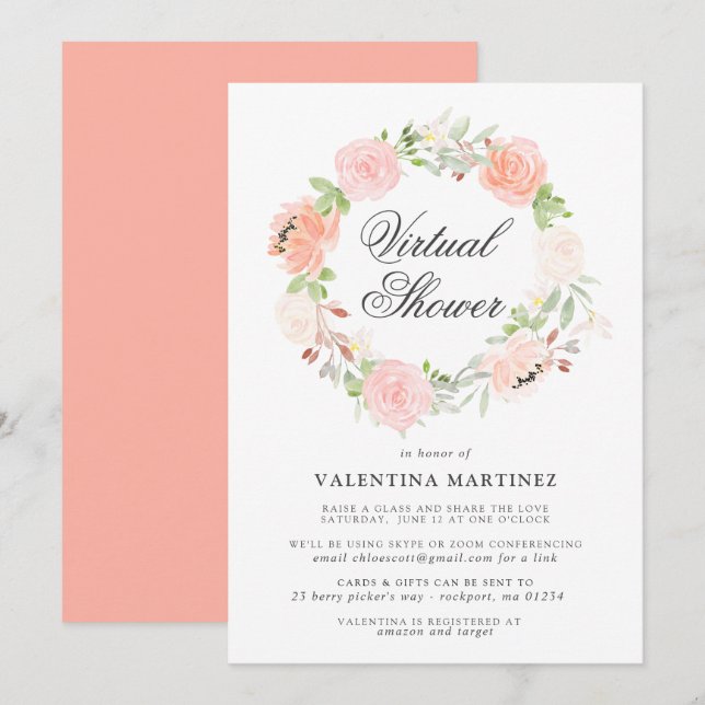 Coral Pink Rose Wreath Virtual Bridal Baby Dusche Einladung (Vorne/Hinten)