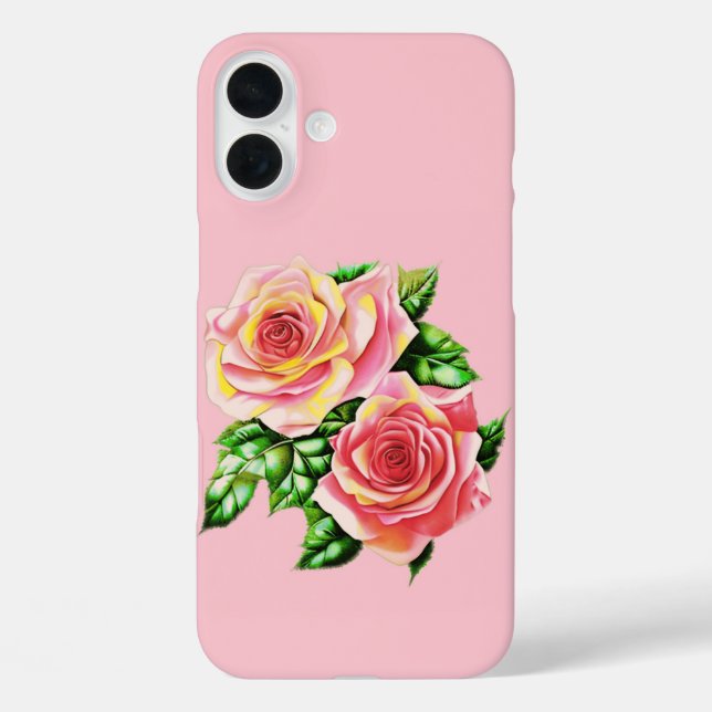 Coral Pink Roses mit Jade Green Blätter iPhone 16 Plus Hülle (Rückseite)