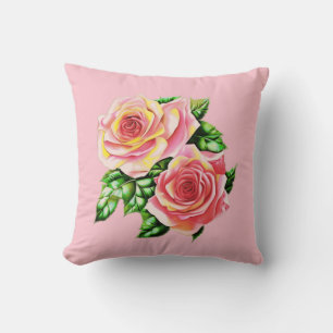 Coral Pink Roses mit Jade Green Blätter Kissen