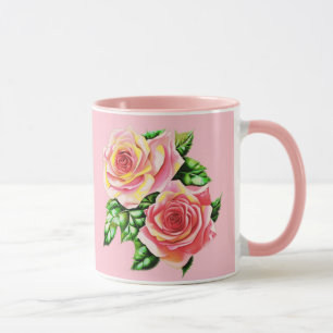 Coral Pink Roses mit Jade Green Blätter Tasse