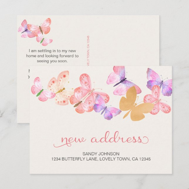 Coral Pink Schmetterlinge meine neue Adresse Ankündigungspostkarte (Vorne/Hinten)