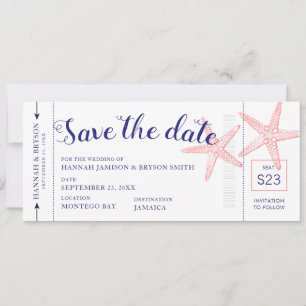 Coral Pink Starfish Boarding Pass Flugzeug Ticket Save The Date
