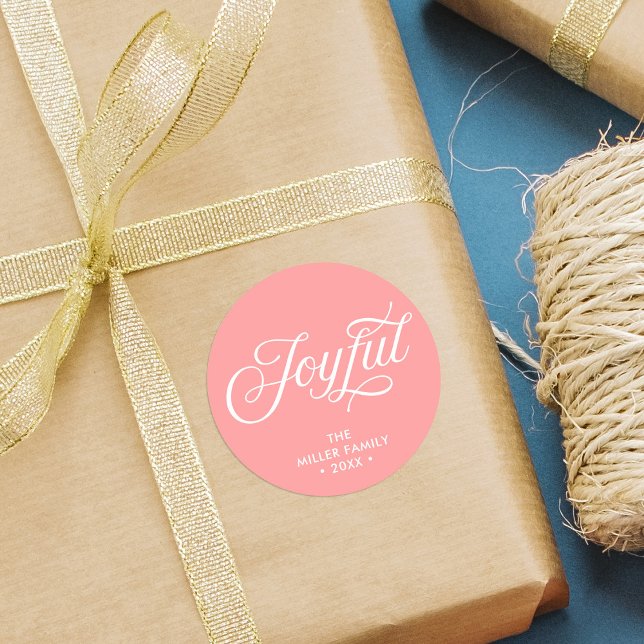Coral Pink Stilvoll Cursive Joyful Holiday Runder Aufkleber (Von Creator hochgeladen)