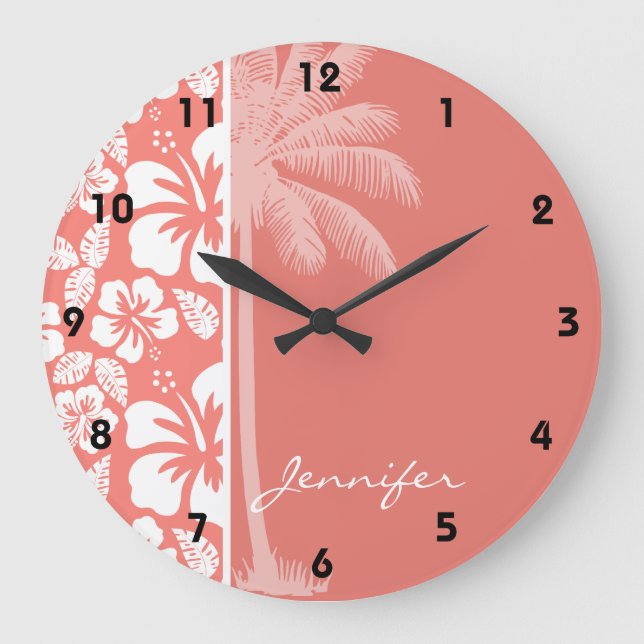 Coral Pink Tropical Hibiscus; Summer Palm Große Wanduhr (Vorderseite)