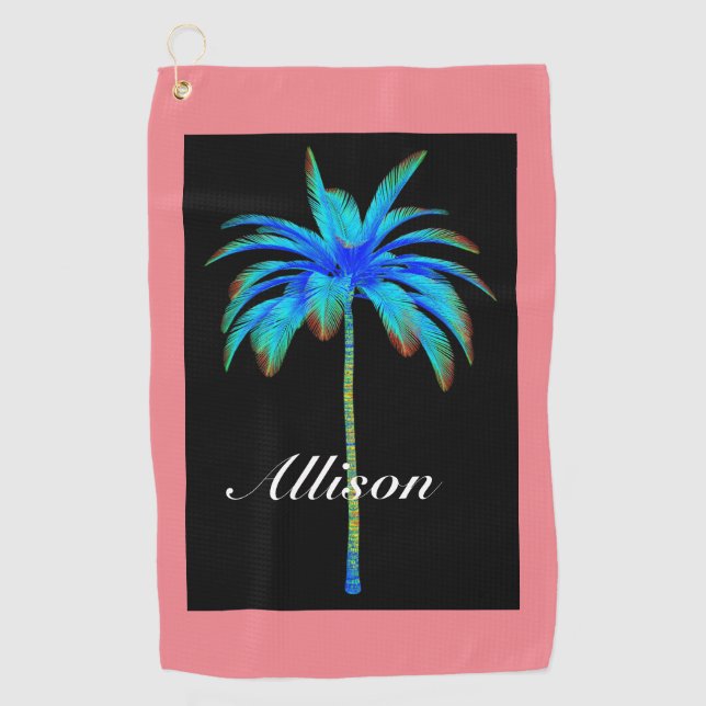 Coral Pink Tropical Palm Tree Personalisiert Golfhandtuch (Vorderseite)