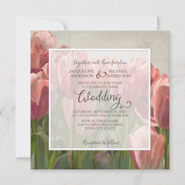 Coral Pink Tulip Frühjahr Hochzeit Holz rustikal Einladung (Vorderseite)