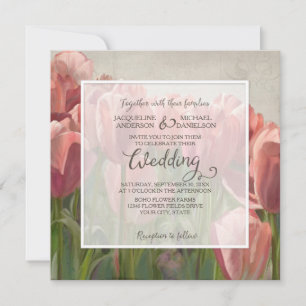 Coral Pink Tulip Frühjahr Hochzeit Holz rustikal Einladung