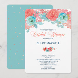 Coral Pink und Aqua Floral Brautparty laden Einladung