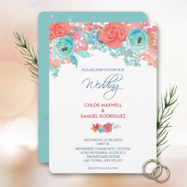 Coral Pink und Aqua Floral Wedding Einladung (Von Creator hochgeladen)
