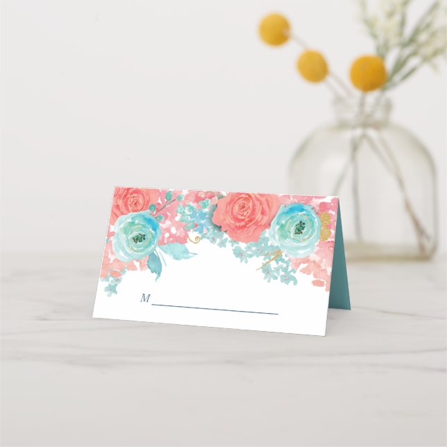 Coral Pink und Aqua Floral Wedding Platzkarte (Vorderseite)
