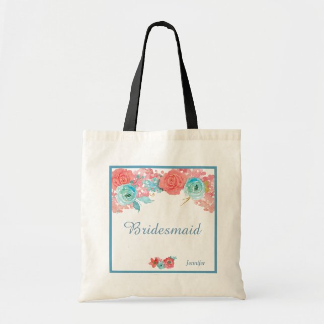 Coral Pink und Aqua Floral Wedding Tragetasche (Vorne)