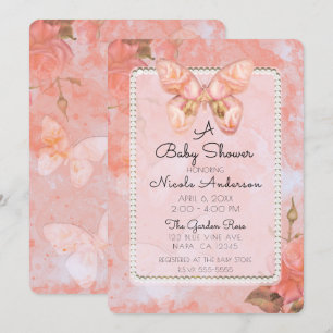 Coral Pink Vintag Butterfly Rose Babydusche Einladung