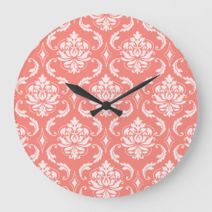 Coral Pink White Classic Damask Muster Große Wanduhr