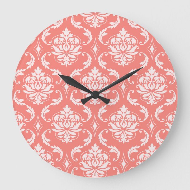 Coral Pink White Classic Damask Muster Große Wanduhr (Vorderseite)
