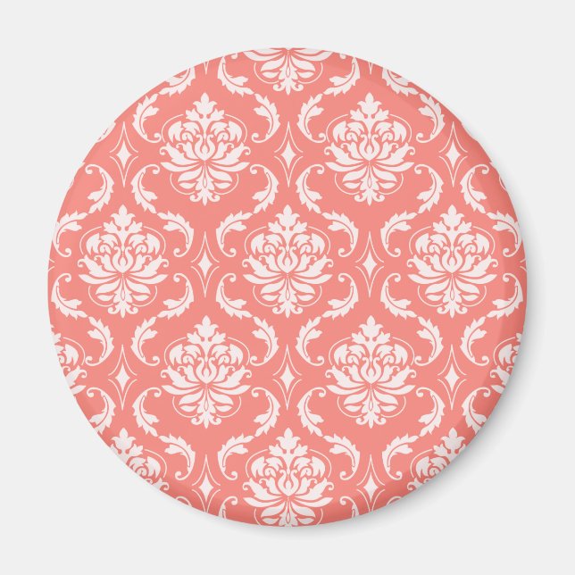 Coral Pink White Classic Damask Muster Magnet (Vorne)