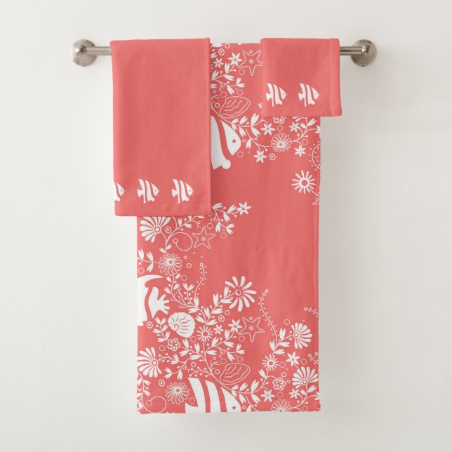 Coral Pink White Ocean Life Muster Badhandtuch Set (Insitu)