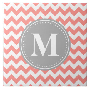 Coral Pink Zickzack Zigzag Grau Monogram Fliese