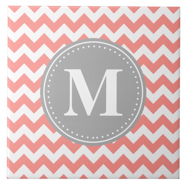 Coral Pink Zickzack Zigzag Grau Monogram Fliese (Vorderseite)