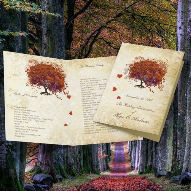Coral Plum Heart Leaf Tree Gold Wedding Program (Von Creator hochgeladen)