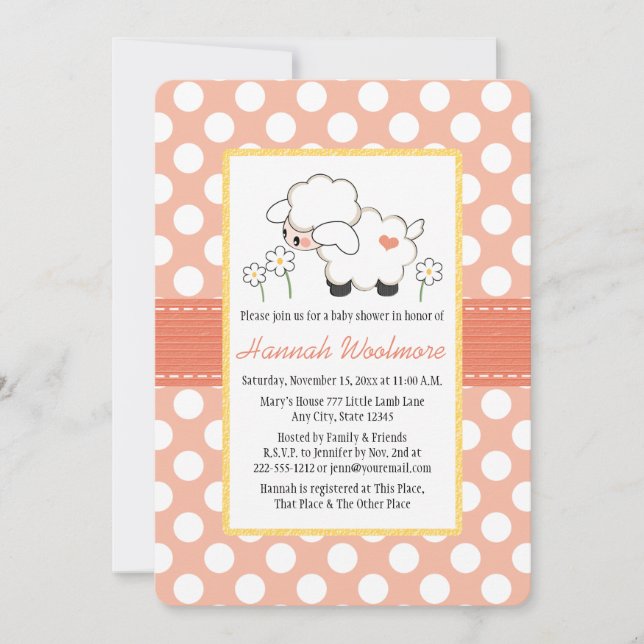 Coral Polka Dot Lamb Babydusche Einladung (Vorderseite)