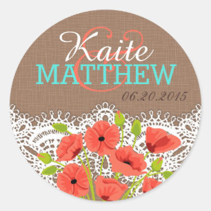 Coral Poppies Lace Burlap Wedding Label Runder Aufkleber