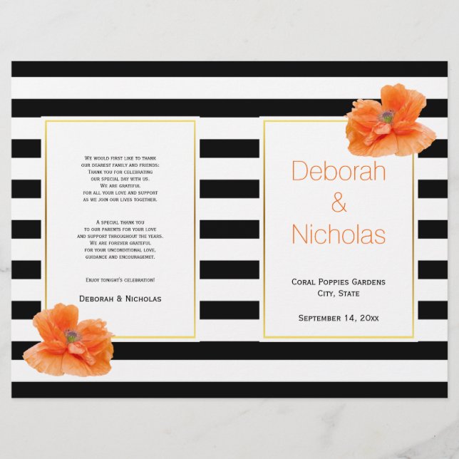 Coral poppies Schwarz-weiße Streifen Hochzeitsprog (Vorderseite)