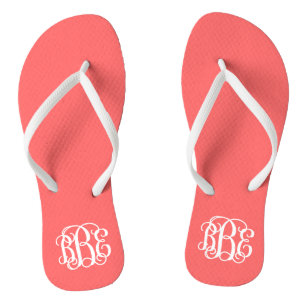 Coral Preppy Script Monogram Flip Flops