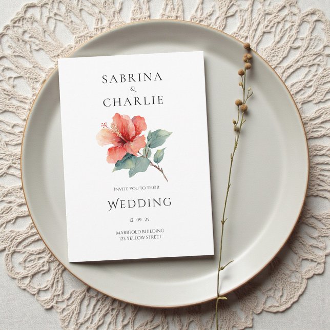 Coral Red Hibiscus Floral Tropical Wedding Einladung (Coral Red Hibiscus Floral Tropical Wedding Invitation)