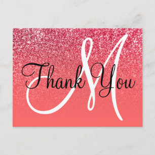 Coral Red Ombre Glitzer Monogram Vielen Dank Postkarte