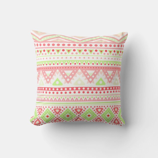 Coral Red Pink Lime Green Aztec Zigzag Muster Kissen (Vorderseite)