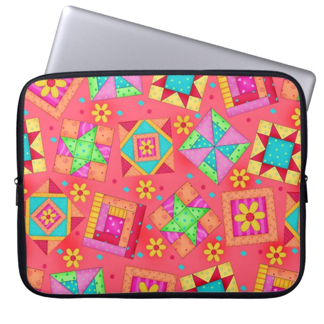 Coral Red Quilt Block Art Laptop Sleeve (Vorderseite)