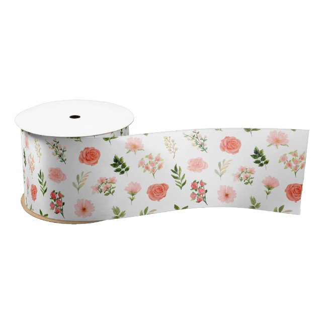 Coral Red Roses and Foliage Pattern Satinband (Spule)