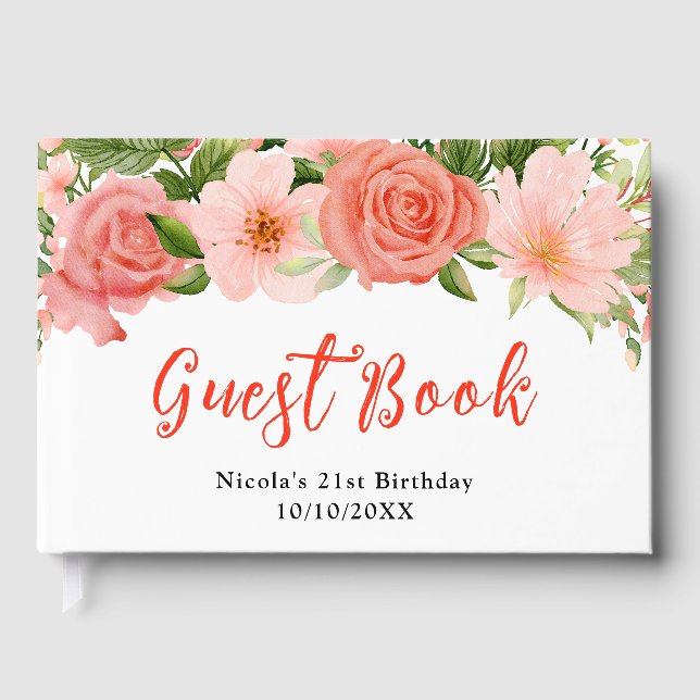 Coral Red Roses with Foliage Birthday Gästebuch (Vorderseite)