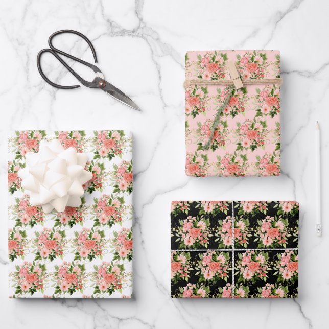 Coral Red Roses with Foliage Geschenkpapier Set (Vorderseite)
