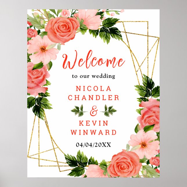 Coral Red Roses with Foliage Poster (Vorne)