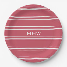 Coral Red Stripes kundenspezifische Monogramm-Tell Pappteller