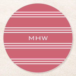 Coral Red Stripes kundenspezifische Monogramm-Unte Runder Pappuntersetzer