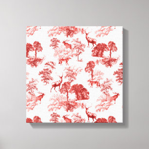Coral Red Toile Stag Deer Fox Forest Pattern Leinwanddruck