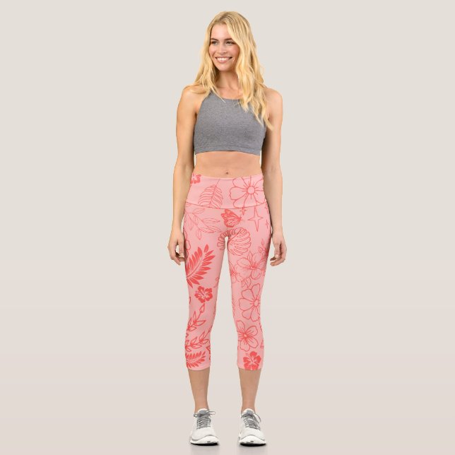 Coral Red Tropical Floral Pattern  Capri Leggings (Vorderseite)