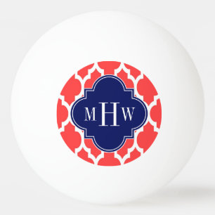 Coral Red Whart Marokkaner #4 Navy Name Monogram Tischtennisball