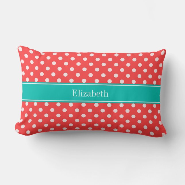 Coral Red, White Polka Dots Monogram, Aquamariner  Lendenkissen (Vorderseite)