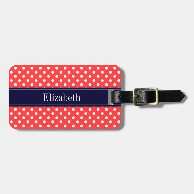 Coral Red, Wht Polka Dots Navy Name Monogram Gepäckanhänger (Vorderseite horizontal)