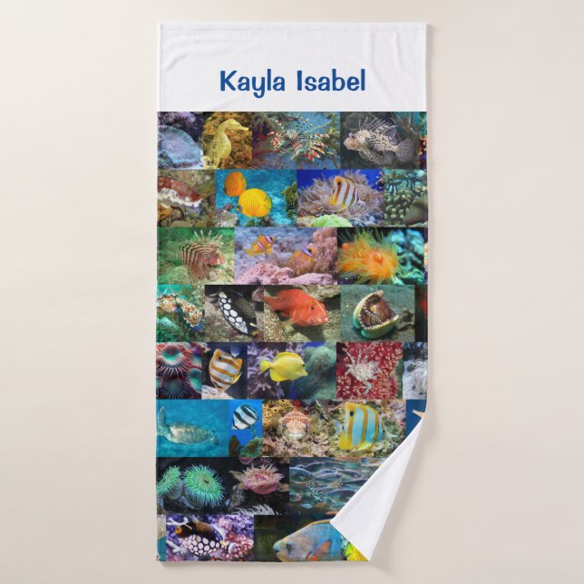 Coral Reef Marine Vie Poissons Animaux Photos Nom (Serviette de bain)