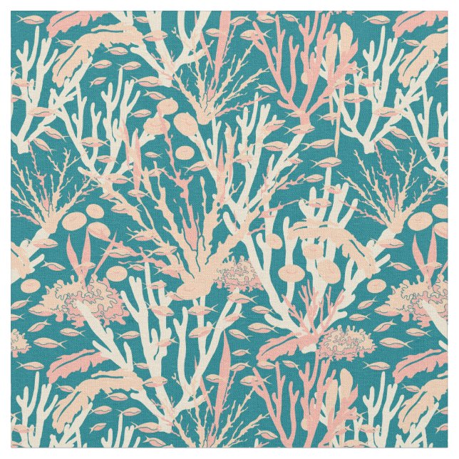 Coral Reef Seabed Muster auf Aquamarin Blue Stoff (Nahaufnahme)