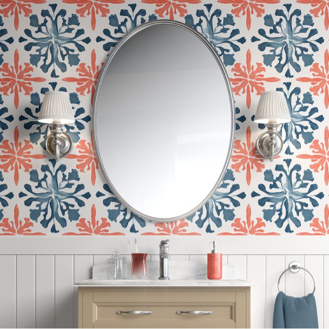 Coral Reef Symphony - Aquamarin und Koral - Coasta Tapete (Coastal Bloom Peel and Stick Wallpaper)