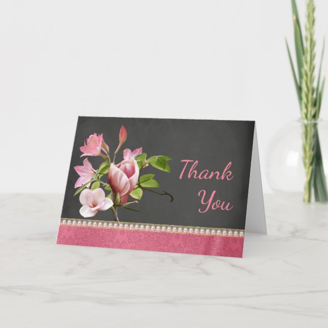 Coral, Rosa und Chalkboard floral Danke Karte (Vorderseite)